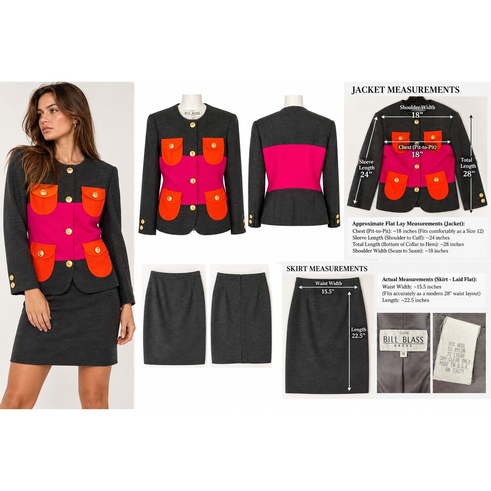 Vtg 90s Bill Blass 2-Piece Blazer & Skirt Set Womens 12 Black Pink Colorblock